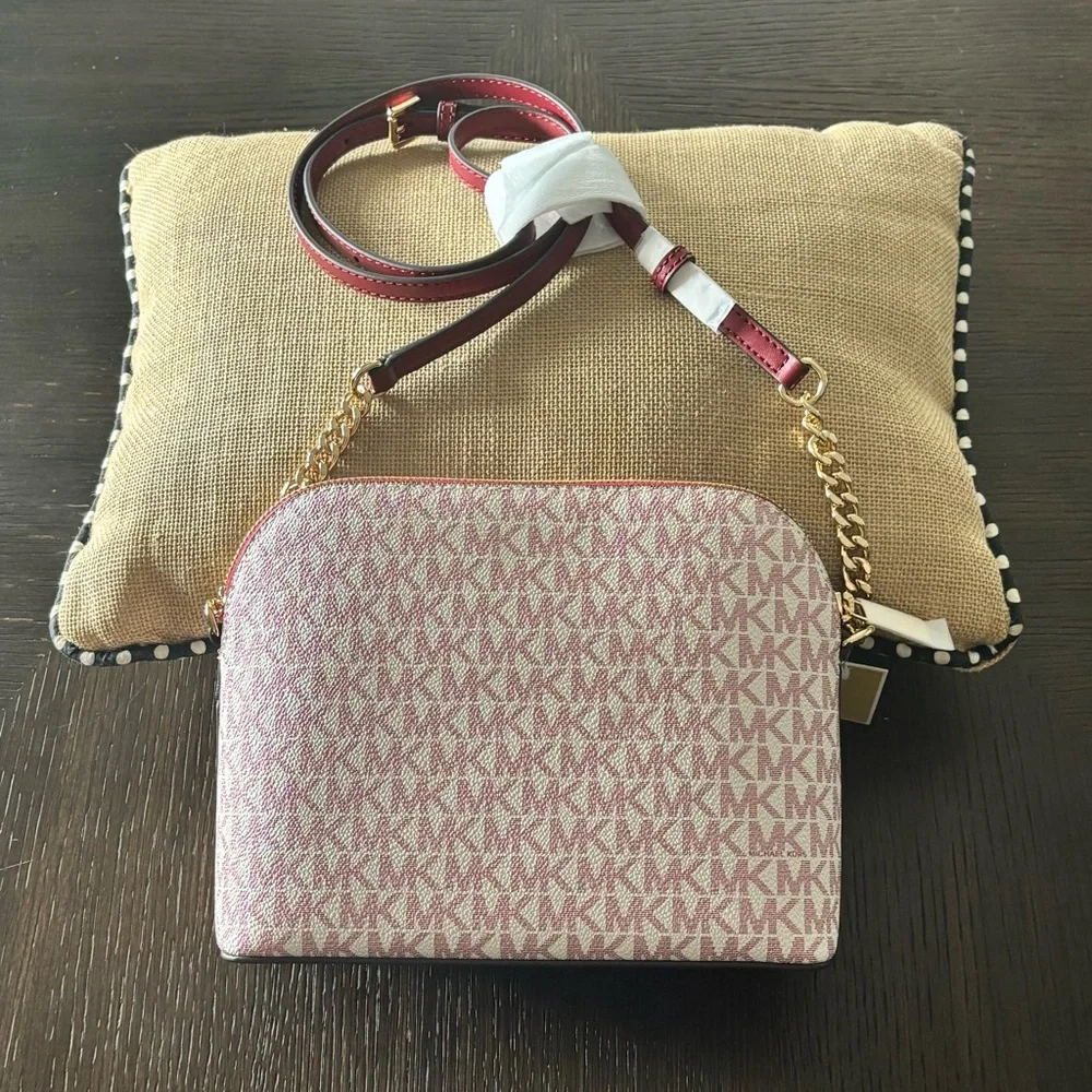NWT Michael Kors Jet Set Travel Crossbody Cherry Multi MK Logo Gold Chain